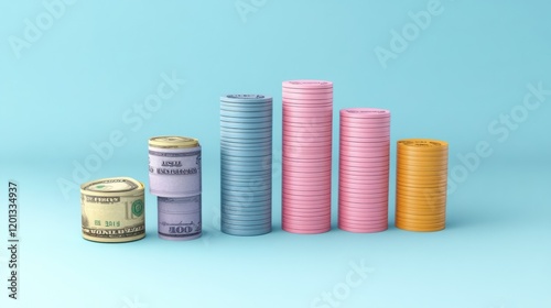Rolled dollar bills form colorful financial bar graph
