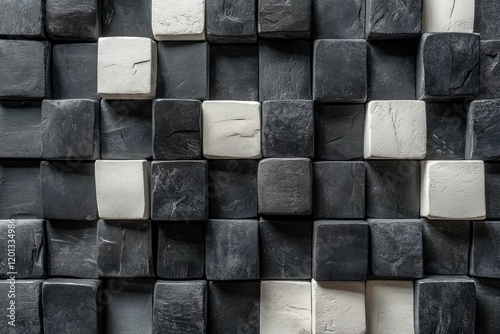 Modern wall art with textured cubes in shades of black and white showcasing c...