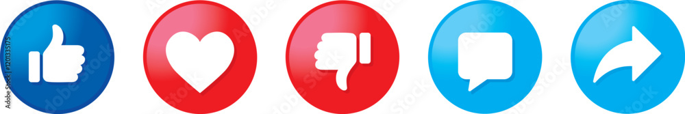 Social media icons set: like, dislike, thumbs up and heart, comment, share. Vector Illustration - v2