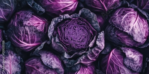 Vibrant overhead view of fresh purple cabbages with rich violet tones arranged closely, showcasing intricate textures and layers in the center.