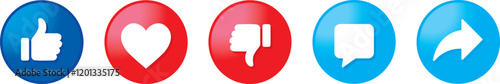 Obraz na płótnie Social media icons set: like, dislike, thumbs up and heart, comment, share. Vector Illustration - v2 w salonie
