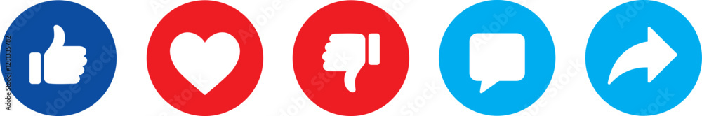 Social media icons set: like, dislike, thumbs up and heart, comment, share. Vector Illustration - v1