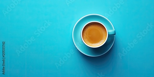 Aerial view of a light blue coffee cup on a vibrant turquoise background showcasing warm coffee color in the center for a serene aesthetic.