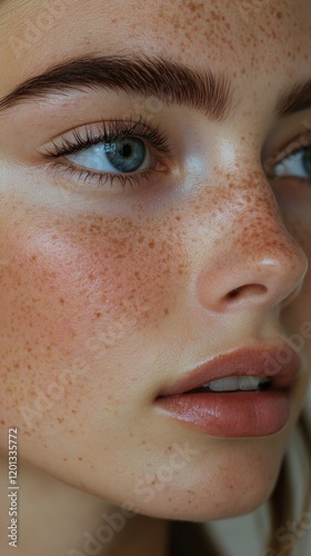 Close up of a young woman with freckles showcasing natural beauty in soft lig...