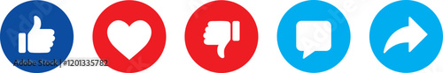 Obraz na płótnie Social media icons set: like, dislike, thumbs up and heart, comment, share. Vector Illustration - v1 w salonie