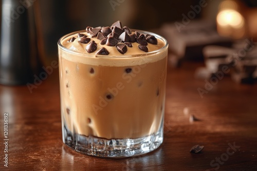 Iced coffee drink with chocolate chips served in a clear glass on a wooden table