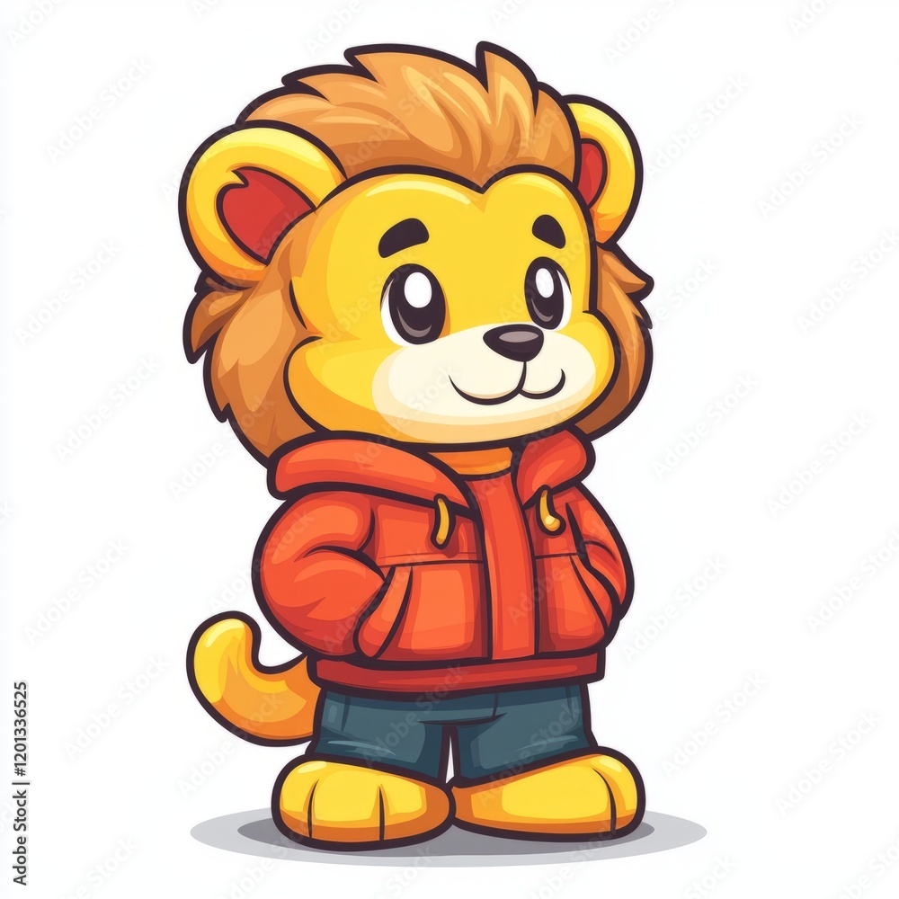 Naklejka premium Adorable Cartoon Lion Wearing Red Hoodie and Jeans
