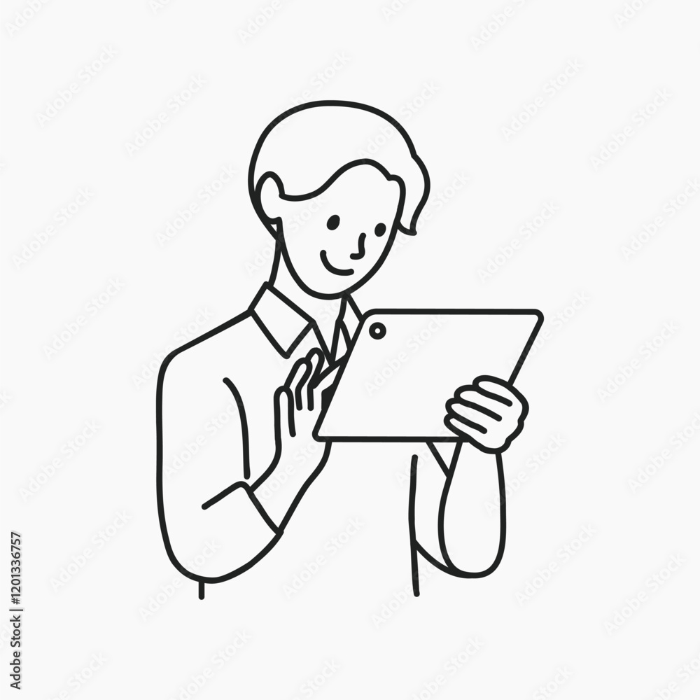 Man using digital tablet line art collage element vector Man using digital tablet line art collage element vector