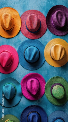 Colorful collection of wide-brimmed hats displayed against a bright blue back...