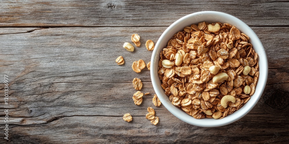 Bowl of crunchy oats and nuts on a weathered wooden table with scattered oats showcasing earthy browns and creamy whites in a top view composition Bowl of crunchy oats and nuts on a weathered wooden table with scattered oats showcasing earthy browns and creamy whites in a top view composition