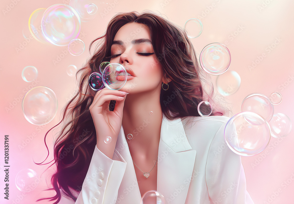 A digitally painted portrait of a young woman with long brown hair, wearing a white blazer, gently blowing iridescent soap bubbles against a soft pink backdrop. A digitally painted portrait of a young woman with long brown hair, wearing a white blazer, gently blowing iridescent soap bubbles against a soft pink backdrop.