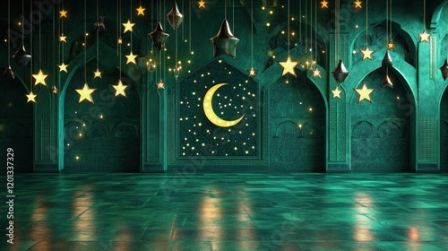 Emerald Mosque Decorated With Golden Stars And Crescent Moon photo