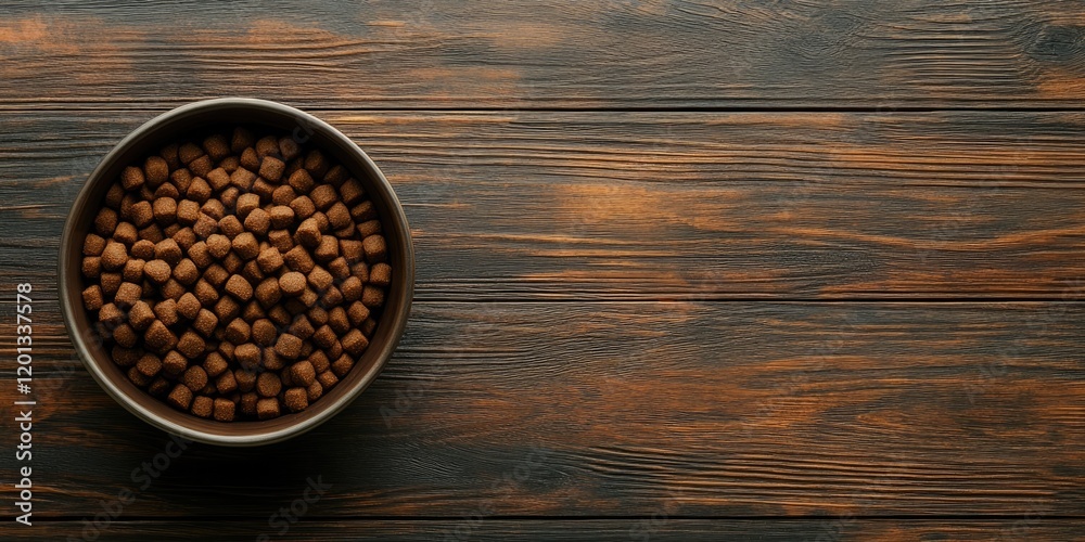 Bowl of brown dog food displayed from above on rustic wooden background with rich grain textures and empty space for text on the right side Bowl of brown dog food displayed from above on rustic wooden background with rich grain textures and empty space for text on the right side