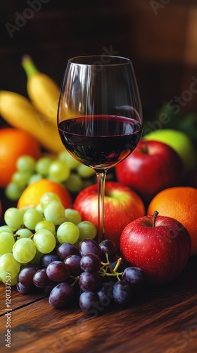 Vibrant assortment of fruits and red wine in a rustic setting with grapes, ap...