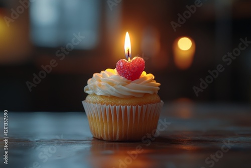Birthday cupcake with lit candle on dark table in cozy kitchen setting