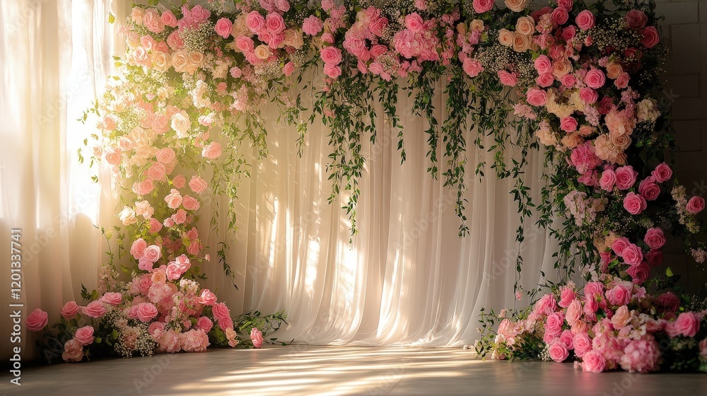 Fototapeta premium Beautiful Floral Backdrop with Abundant Pink Roses, Soft Drapery, and Vibrant Greenery for Events, Celebrations, and Photography Sessions