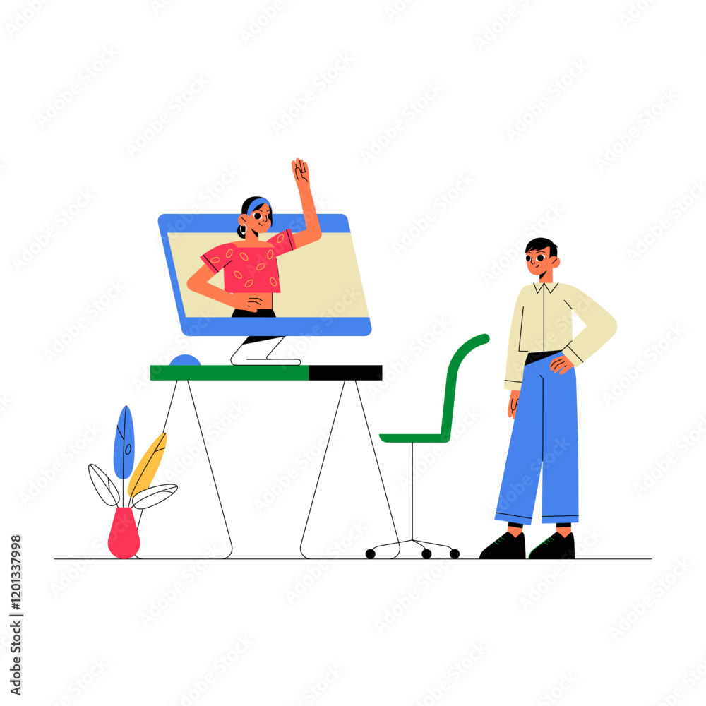 Virtual Meeting With Male And Female Characters In Flat Vector Illustration Symbolizing Online Communication And Remote Work, Isolated On White Background Virtual Meeting With Male And Female Characters In Flat Vector Illustration Symbolizing Online Communication And Remote Work, Isolated On White Background