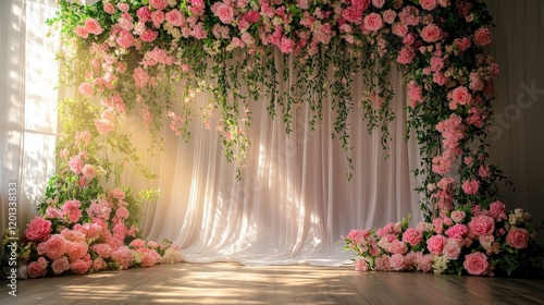 Beautiful Floral Backdrop with Pink Roses and Greenery for Photography or Event Decoration in Elegant and Serene Setting