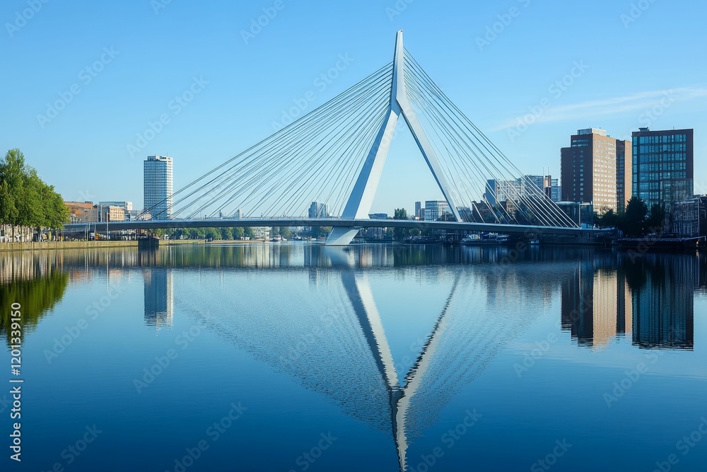 Fototapeta premium Sleek cable bridge over water, buildings behind, clear sky.
