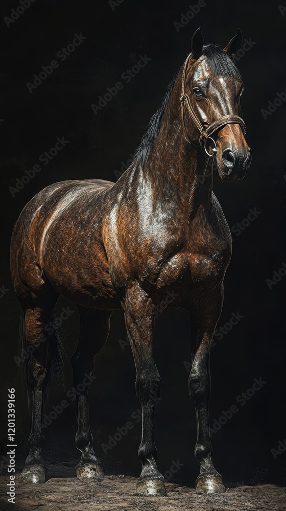 Fototapeta premium Majestic brown horse standing elegantly in dramatic lighting in an artistic showcase
