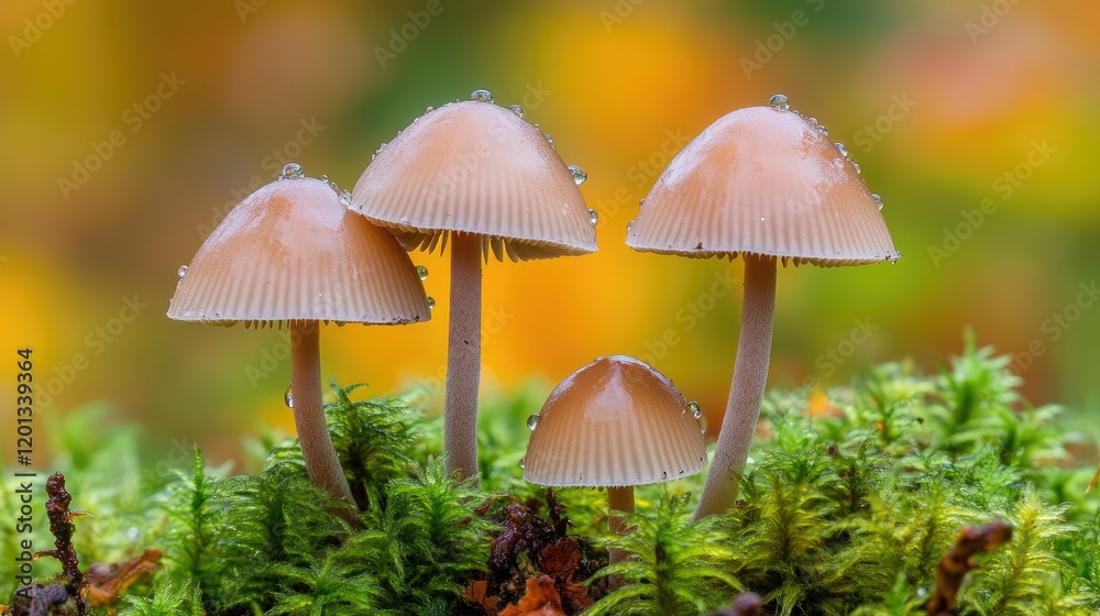 A harmonious composition of mushrooms and dew drops against a backdrop of vibrant foliage, highlighting the lushness of a thriving forest ecosystem A harmonious composition of mushrooms and dew drops against a backdrop of vibrant foliage, highlighting the lushness of a thriving forest ecosystem