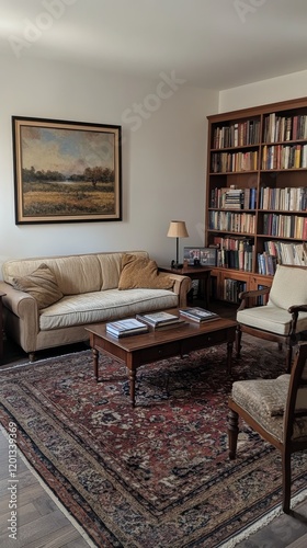 Cozy living room with bookshelf, couch, and plants in a warm, inviting atmosp...