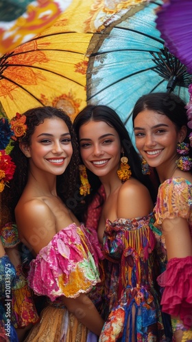 Brightly colored festival celebration with women in vibrant dresses and umbre...