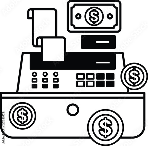 A cash register with a bunch of coins and a bill on top