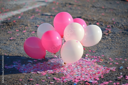 Balloons in pink and white scattered on a pavement with confetti at a celebra...