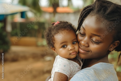 African mother hugging little daughter in the village.