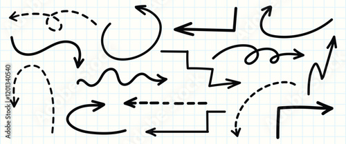 Set of simple lines hand drawn black arrows in various style. Set of simple of hand drawn black arrows. Set of simple lines hand drawn black arrows. Various of simple lines arrows collection
