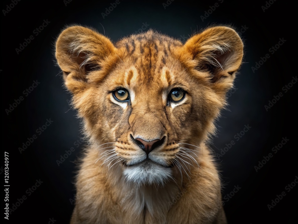 Fototapeta premium Minimalist Lion Cub Portrait: Black Background, Front View