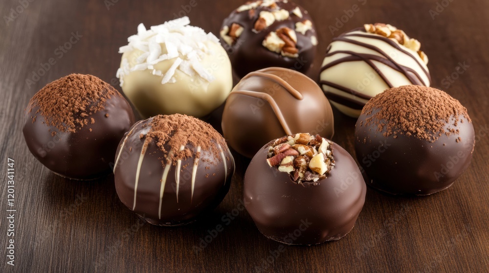 Delicious assorted chocolate truffles placed on a wooden table ready for tasting. Generative AI Delicious assorted chocolate truffles placed on a wooden table ready for tasting. Generative AI