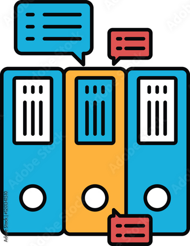 A stack of three binders with speech bubbles on them