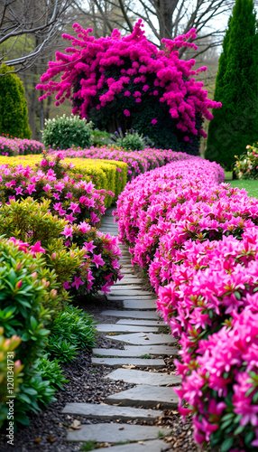 Gorgeous colors of the azeleas and rhododendron flowers and bushes along pathway in delightful garden in the spring, professional photography, with white tones photo