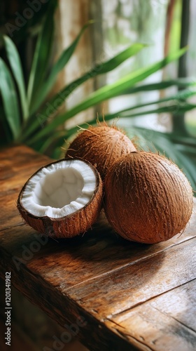 Two cracked coconuts resting on a wooden table with sunlight illuminating the...