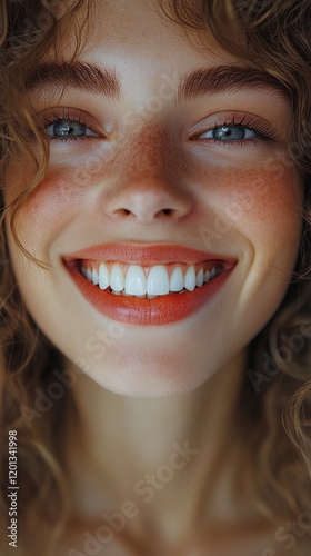 Smiling woman with red lips and freckles showcasing bright, white teeth in cl...