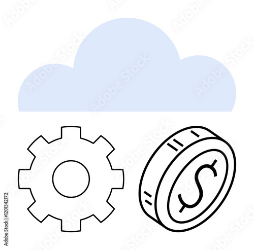 Blue cloud above gear and coin with dollar sign emphasizes technology, finance, and innovation. Ideal for cloud computing, fintech, business, economy, productivity, technology abstract line flat