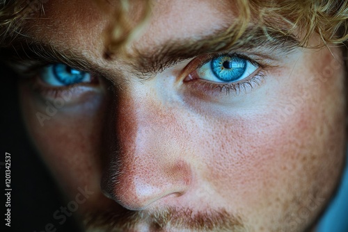 Close-up of a young man with striking blue eyes and curly blonde hair capture...