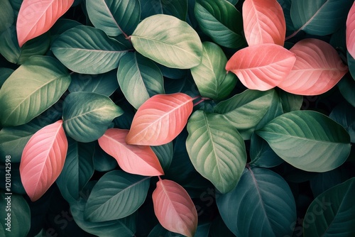 Colorful array of leaves in shades of pink and green during a sunny day in na...
