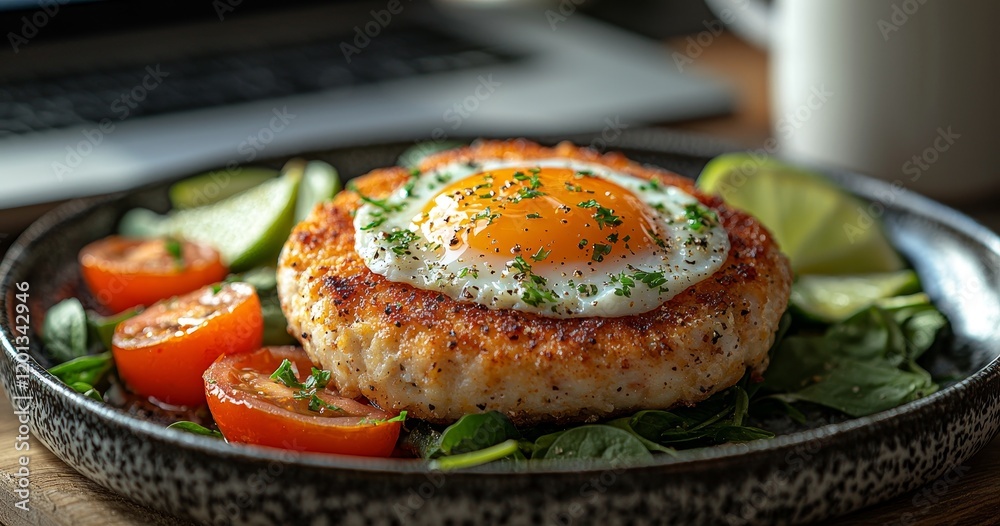 A white plate featuring a blend of tomatoes, meat, and herbs is set on the table A white plate featuring a blend of tomatoes, meat, and herbs is set on the table