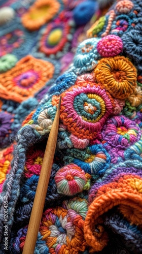 Colorful crochet work with intricate patterns and wooden hook crafted in a co...