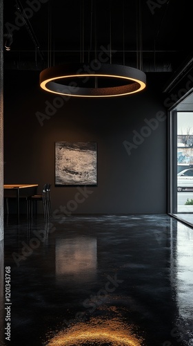 Modern living room with stylish lamp and cozy sofa at dusk