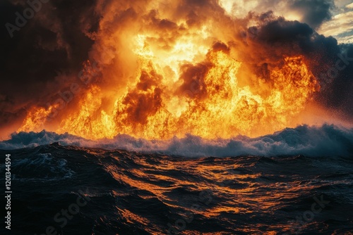 Dramatic ocean scene with fiery clouds and turbulent waves at sunset