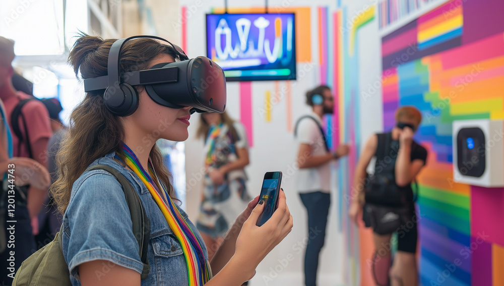 Naklejka premium A young woman uses a VR headset and smartphone, immersed in a colorful, vibrant environment. Others in the background also engage with tech.