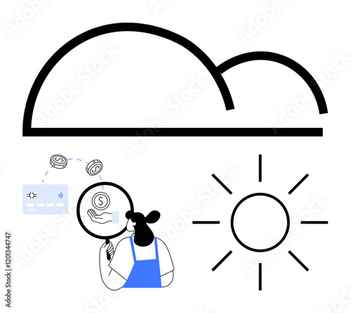 Businesswoman with magnifying glass examining financial graph, dollar coins next to cloud and sun icons. Ideal for finance, analysis, future planning, weather forecast, data management, optimism