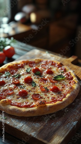 Delicious homemade pizza on wooden board in cozy kitchen with warm lighting