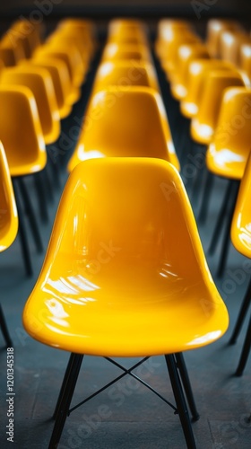 Bright yellow chairs arranged neatly in a modern space, enhancing the atmosph...