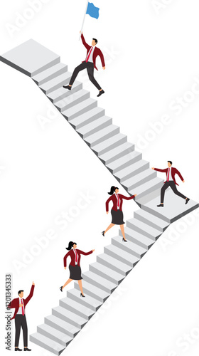 Career path or improvement, growth stair to success, job promotion or business competition, aspiration or motivation to succeed concept, business people walk up stair to next level floor to the top.