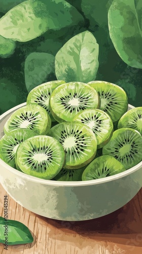 Freshly sliced kiwis arranged in a bowl surrounded by lush green leaves